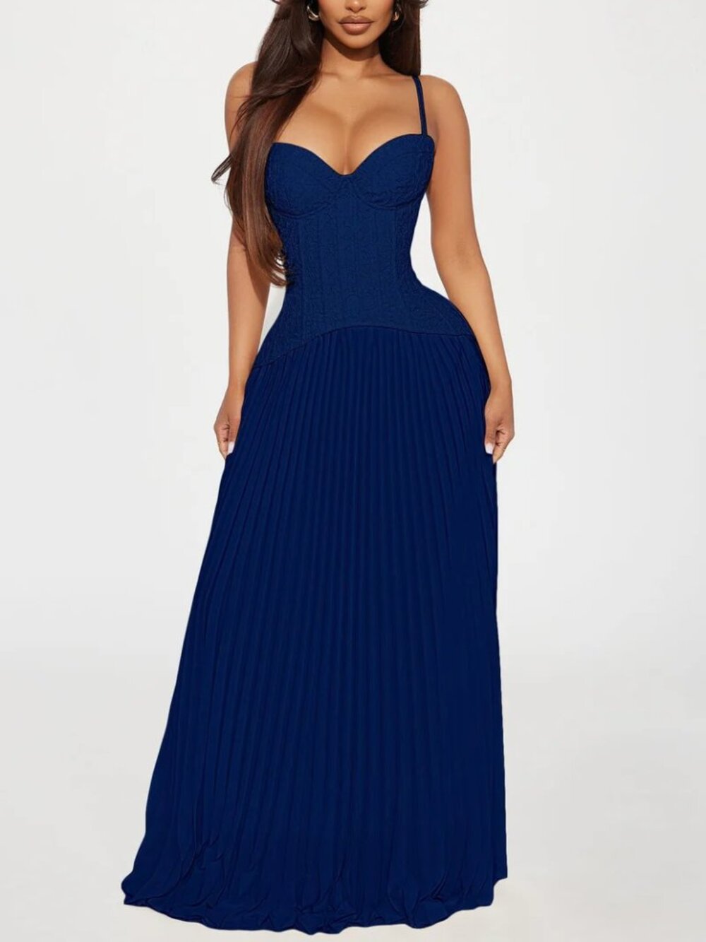 Fashion Nova Daniella Lace Corset Pleated Maxi Dress - Navy